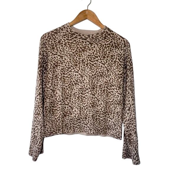 Monrow Mock Neck Cotton Cashmere Leopard Leo Print Belled Long Sleeve Sweater XS - Picture 2 of 9